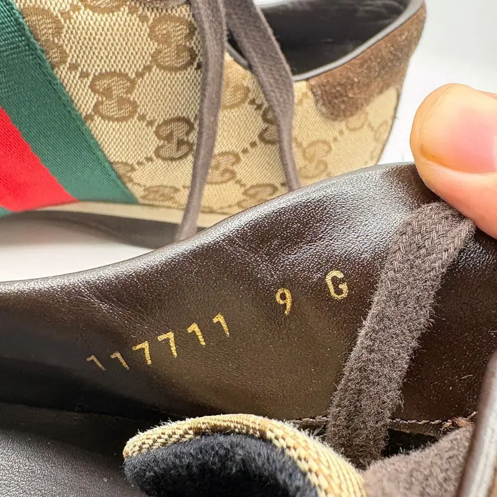 GUCCI GG Monogram Canvas Brown Suede Red Web Lace Sneakers Sz 9G 9.5 US $995